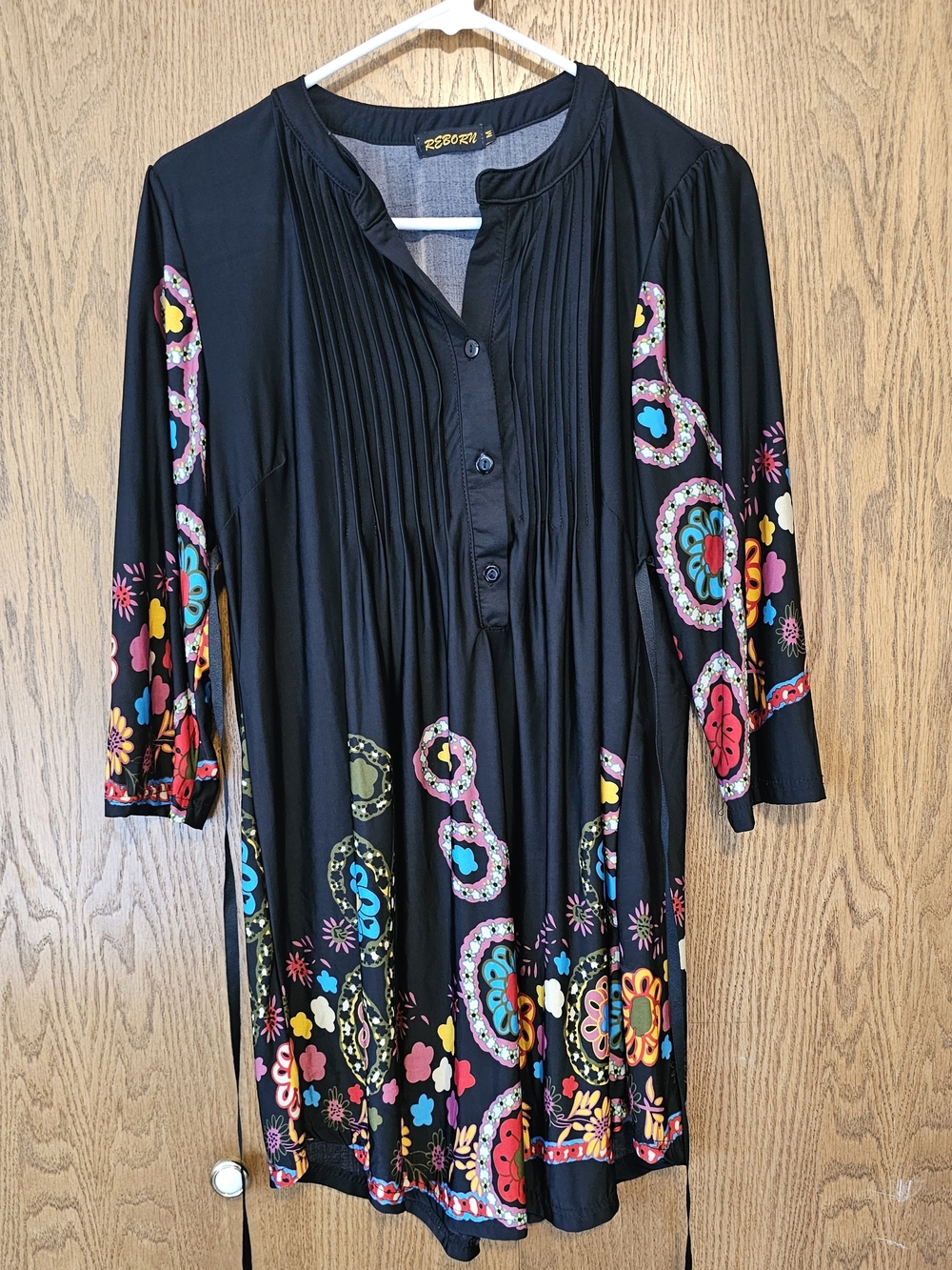 Reborn Black Boho Tunic Dress w/ Colorful Floral Paisley Print | Pleated Front